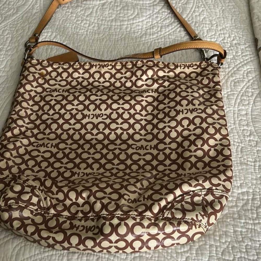 Coach Tan and Brown Signature Shoulder Bag